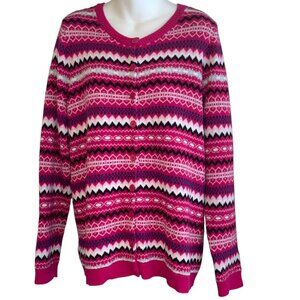 Talbots Pink Fair Isle Cardigan Sweater Size 1X Button Front Holiday Classic